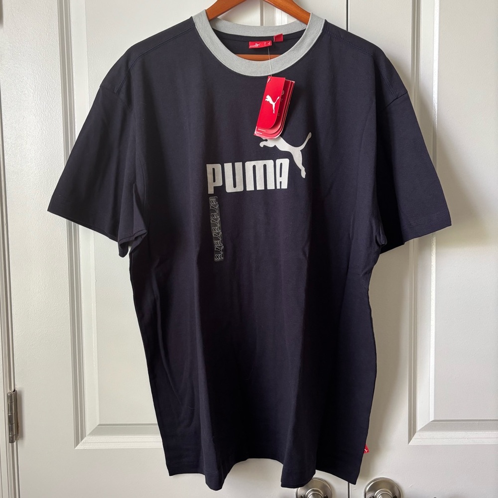 NWT Puma Logo Ringer Tee T-Shirt Short Sleeve Navy & Gray Men’s XL NEW